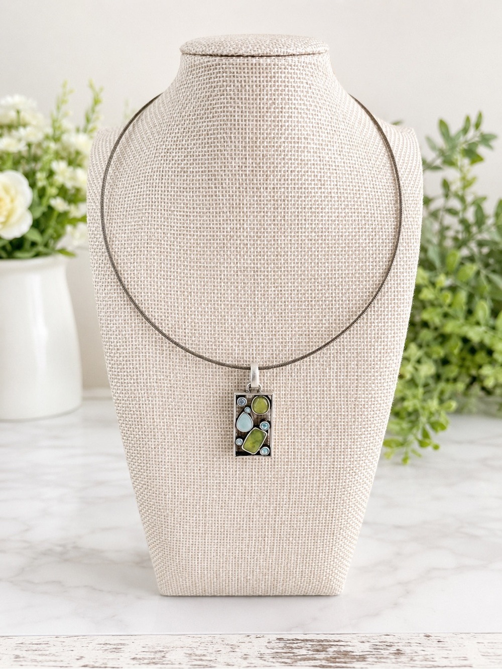 Lia Sophia Geometric Pendant Necklace Silver Tone Blue Mosaic Statement Jewelry